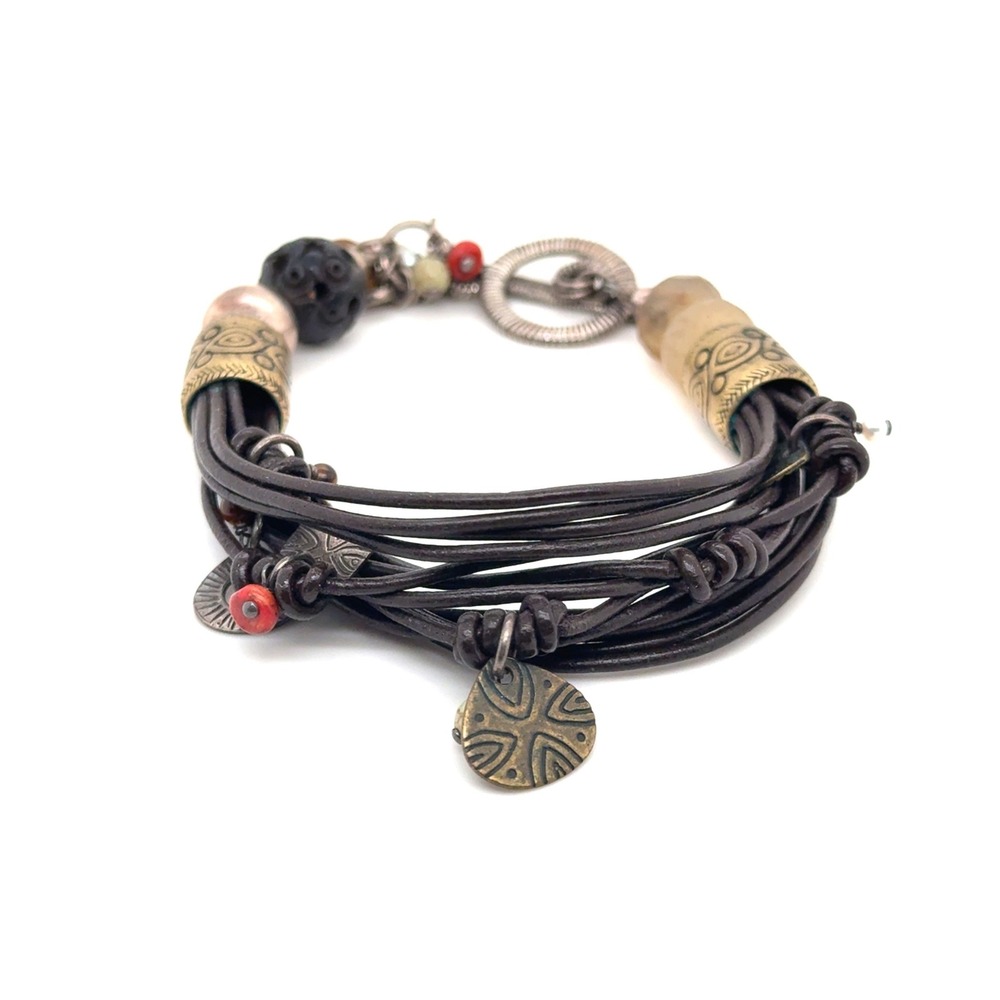 Silpada Multi Strand Leather Cord Charm Bracelet Boho Mixed Metal Toggle 8 In